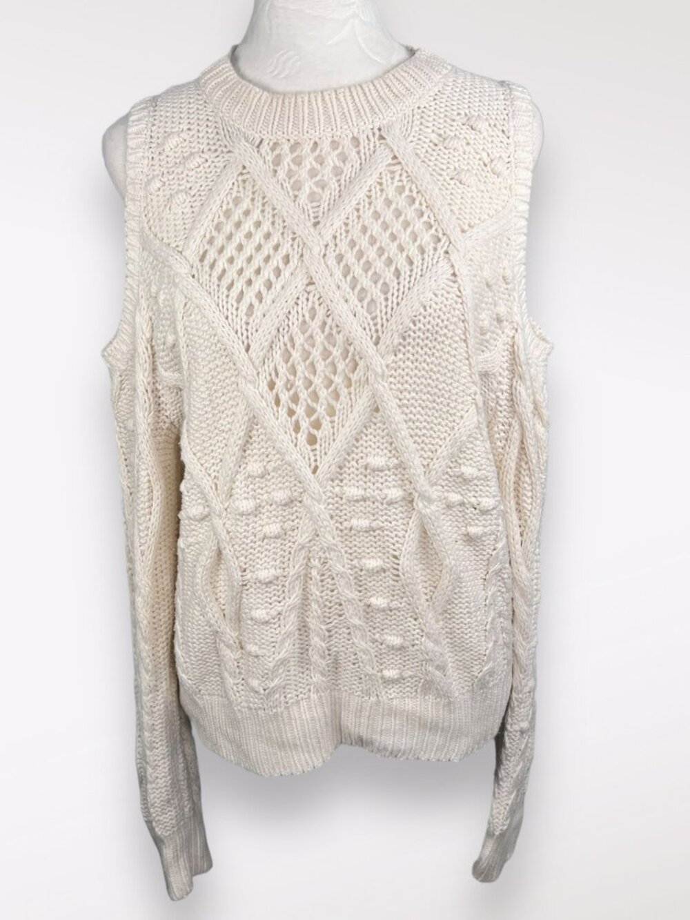 Lucky Brand Cream Cable Knit Cold Shoulder Sweater Bobble Stitch Size Small
